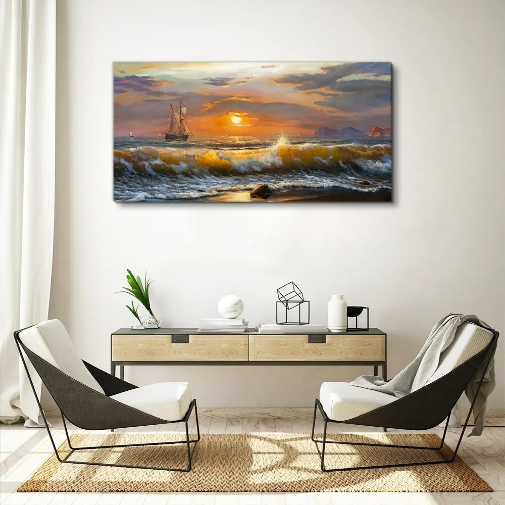 Tablou canvas valuri de coastă apus de soare