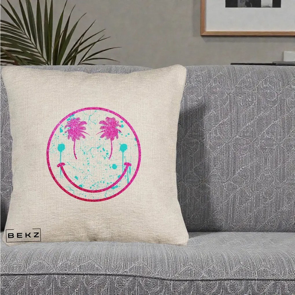 Perna Decorativa Smiley Face Tropical Glitter Roz, 40x40 cm, Bej Canapea, Husa Detasabila, Perna Inclusa, BEKZ®
