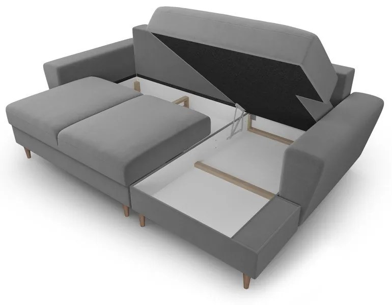 Colțar gri deschis extensibil, cu spațiu de depozitare cu tapițerie din catifea (cu colț pe partea dreaptă, cu șezlong) Kyoto – Cosmopolitan Design