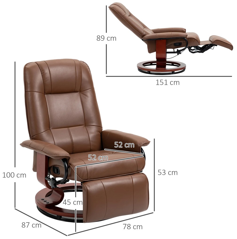 HOMCOM Fotoliu de relaxare, 145° reglabil, suport de picioare ajustabil, piele ecologică, 360° rotativ, până la 120 kg, Maro | Aosom Romania