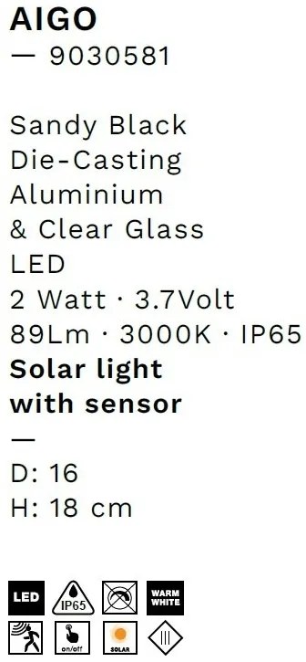 Mini Stalp LED solar iluminat exterior cu senzor de miscare IP65 AIGO H-18cm
