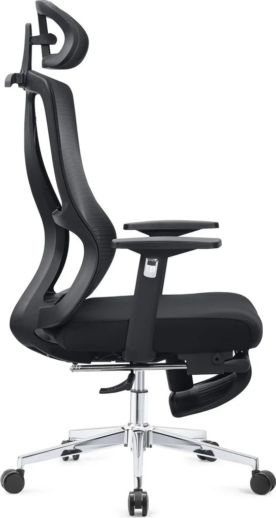 RESIGILAT- Scaun ergonomic, spatar Mesh, sezut textil, tetiera reglabila inaltime, suport picioare, baza metalica, inaltime reglabila, Negru