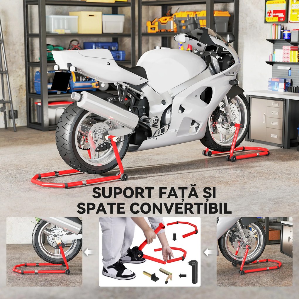 HOMCOM Stand pentru motociclete de 390 kg Față-Spate cu Furci Reglabile | Aosom Romania