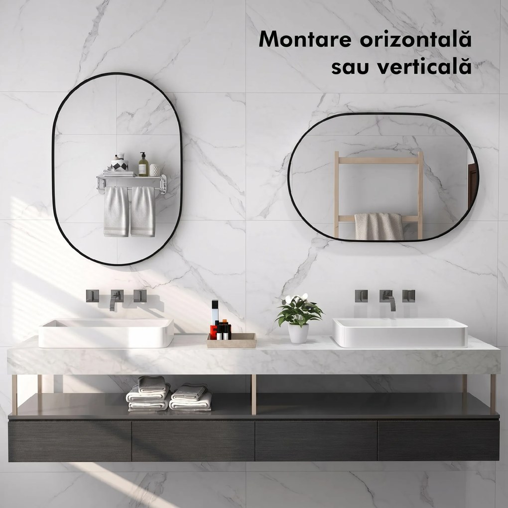 HOMCOM Oglindă pentru Baie cu Ramă din Aluminiu, 40x70 cm, Negru | Aosom Romania