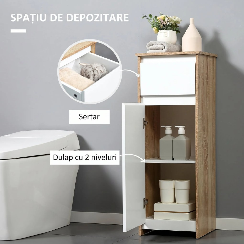 kleankin Dulap de Baie, Comodă cu 2 Niveluri și 1 Sertar din MDF, 32.6x30x90 cm, Lemn natural+Alb | Aosom Romania