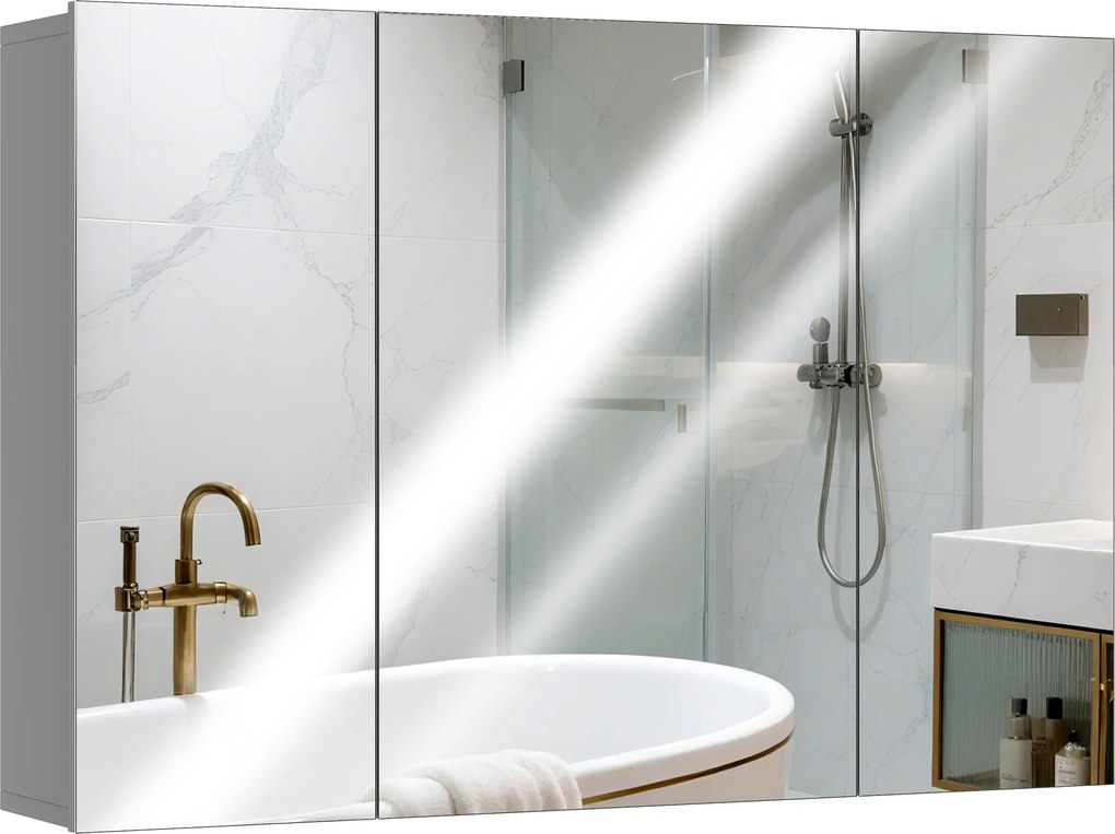 kleankin Dulap de baie suspendat cu 3 uși oglindă și polițe reglabile din MDF Gri dim. 90L x 15l x 60H cm | Aosom Romania