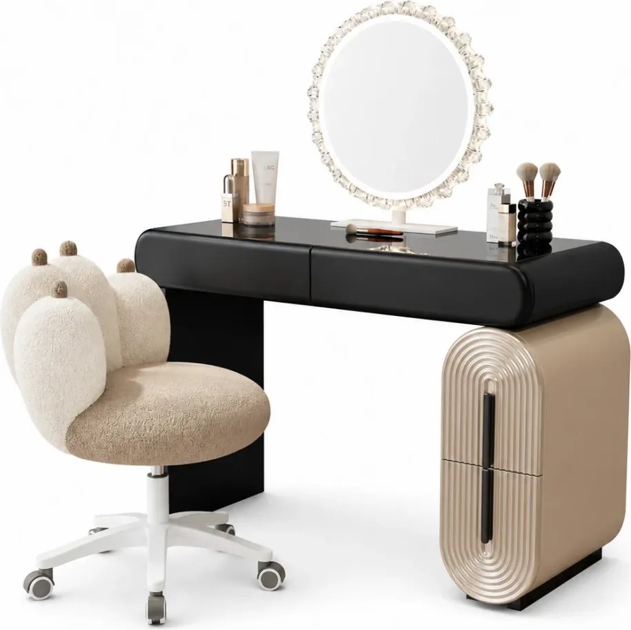 Set AURA LUXE WF606 – Masă de Toaletă pentru Machiaj, Oglindă iluminată LED, Control touch, Trei tipuri culoare, Scaun, 100 cm, Negru/Bej
