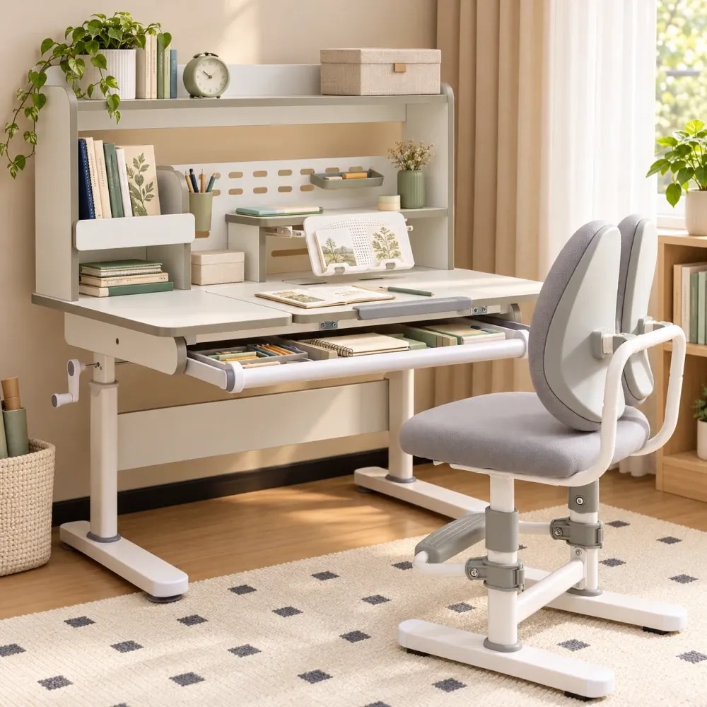 Set birou și scaun ergonomic pentru copii, înălțime reglabilă, blat înclinabil, spătar dublu adaptiv, rafturi și sertar organizator, 100 × 60 cm, gr