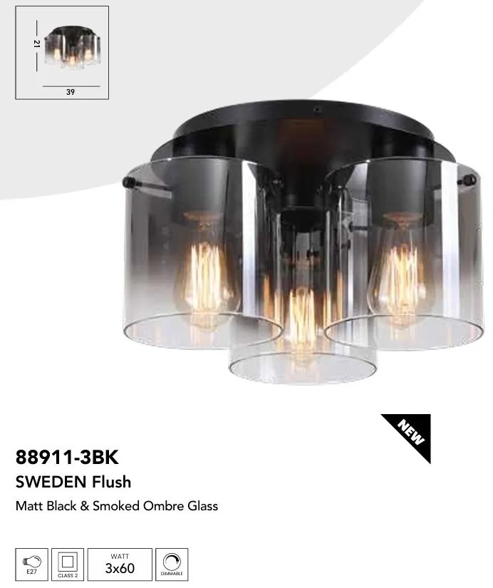 Plafoniera moderna Sweden 3L negru, fumuriu