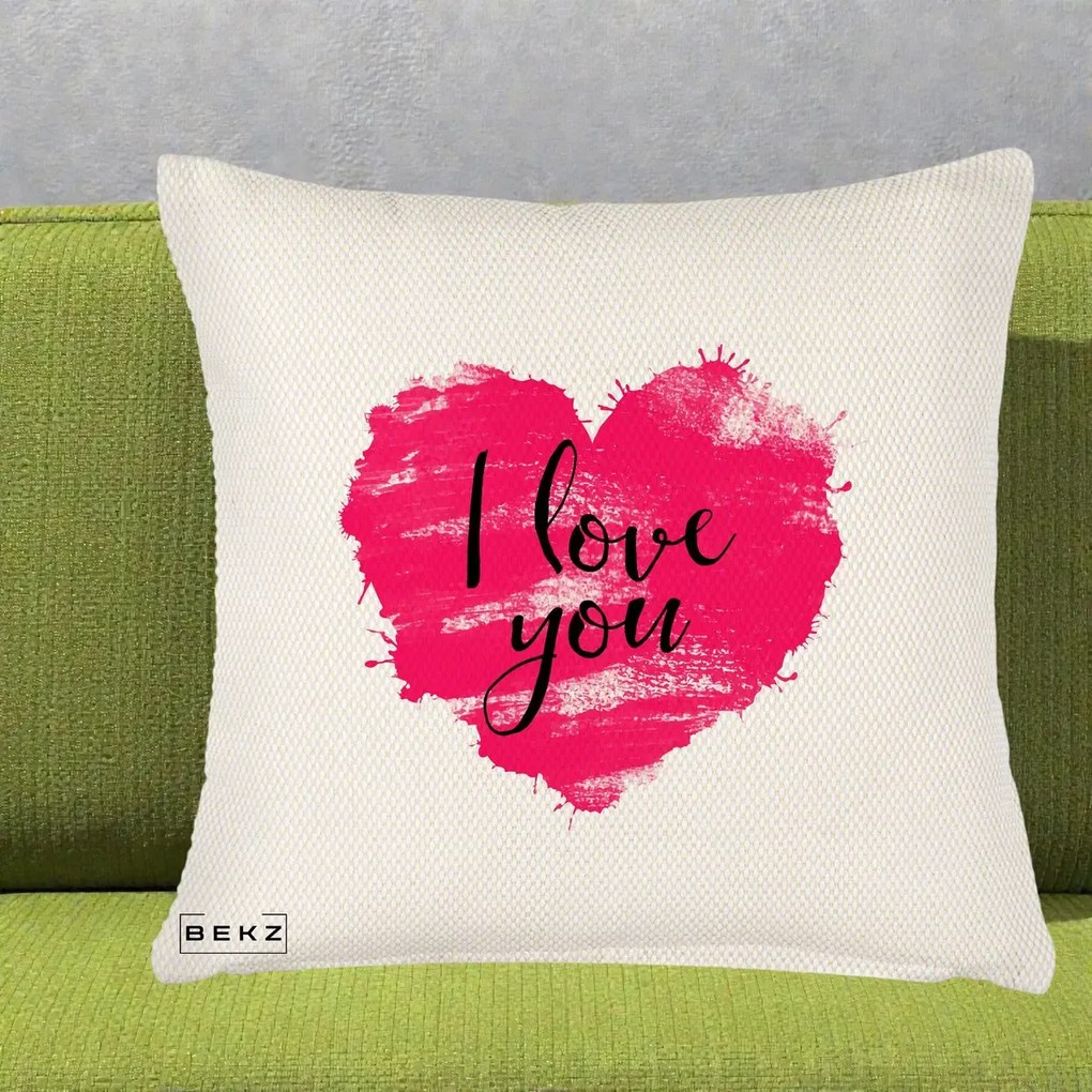 Cadou Romantic - Perna Personalizata I Love You Inima Roz, 40x40 cm, Crem Reliefat, Husa Detasabila, Perna Inclusa, BEKZ®