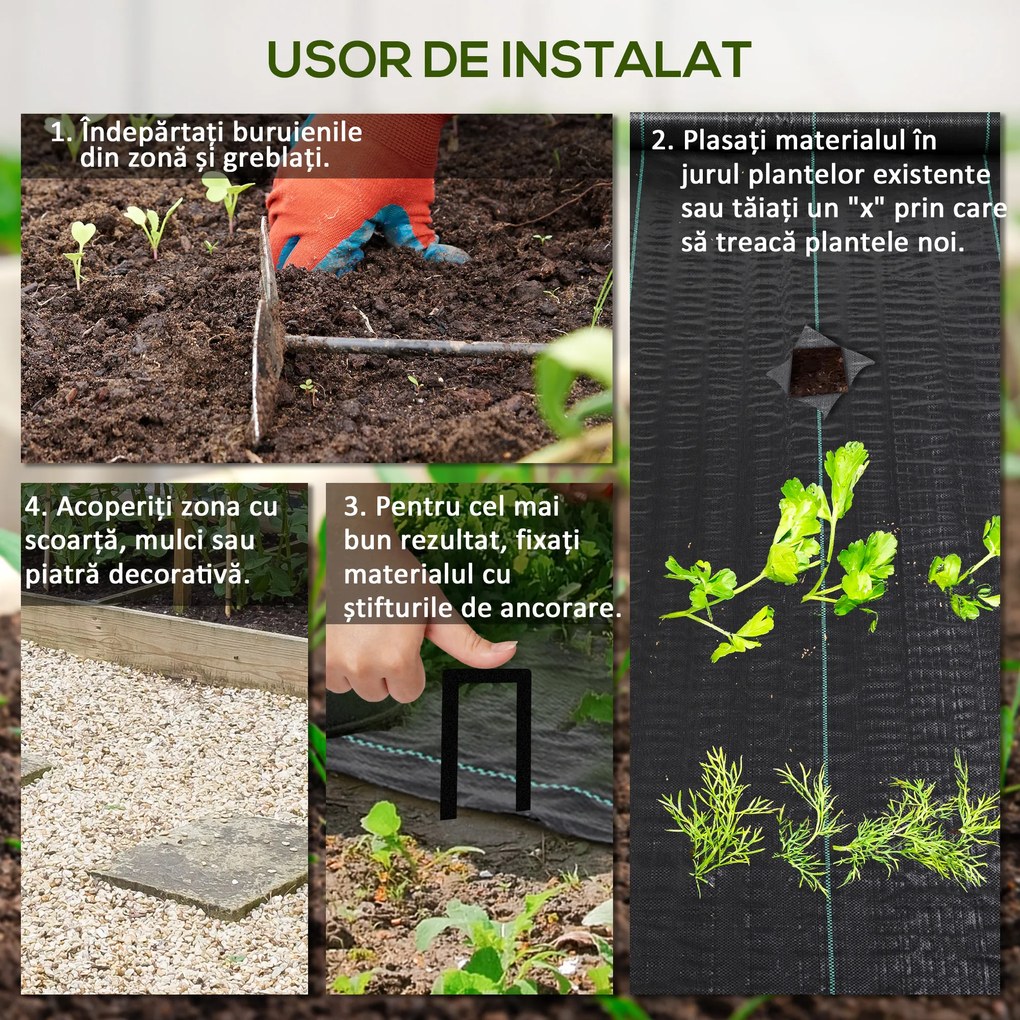 Outsunny Folie pentru Mulcire 1300g/m², Respirabilă și Anti-UV din Polipropilena, 50x2 m, Negru | Aosom Romania
