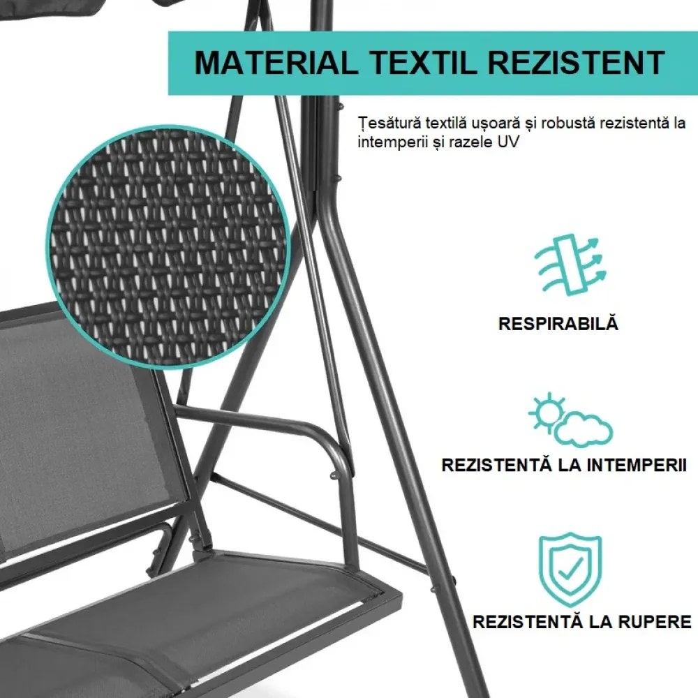 Balansoar de grădină, 3 locuri, cu baldachin și cadru din oțel, Gri