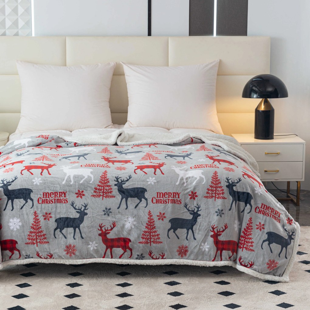 Patura miel din microplus de Craciun CHRISTMAS DEER gri Dimensiune: 200 x 220 cm