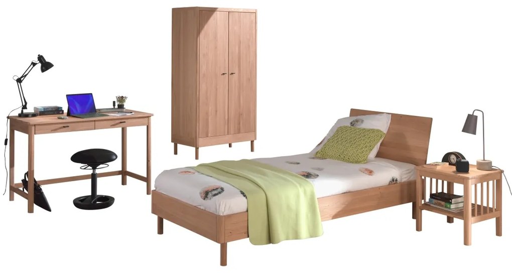 Set Complet Mobilier Camera Copii Forrest Oak, Pat 90x200 cm, Dulap cu 2 Uși, Noptieră și Birou, din Lemn de Stejar, Natur – Vipack