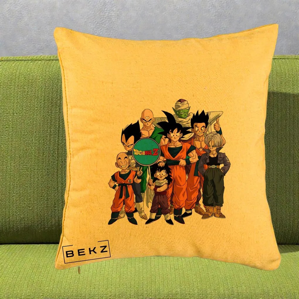 Perna Personalizata Dragon Ball Z Grup Complet, 40x40 cm, Galben, Husa Detasabila, Perna Inclusa, BEKZ®