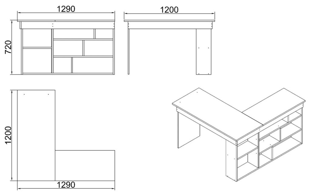 Birou Zellow Tip L cu Rafturi, 129 x 72 x 120 cm