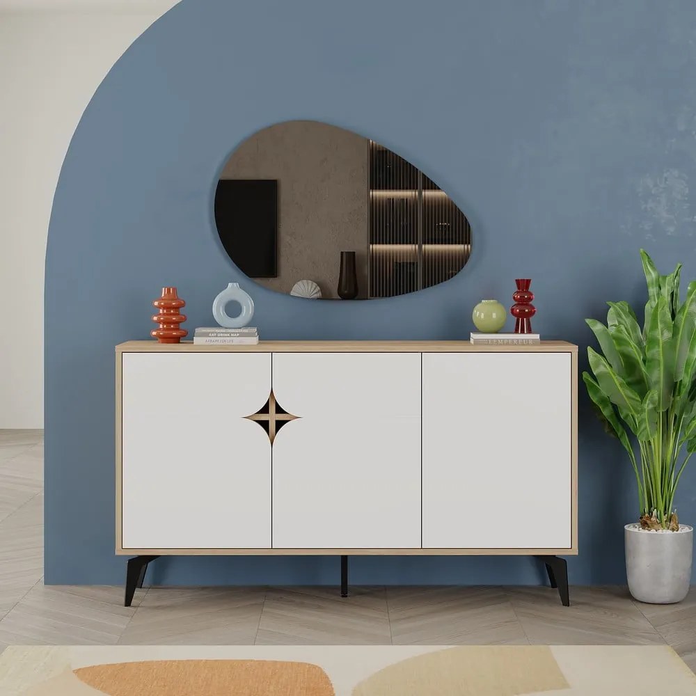 Comodă albă/în culoare naturală joasă cu aspect de lemn de stejar 140x79 cm Nola – Marckeric