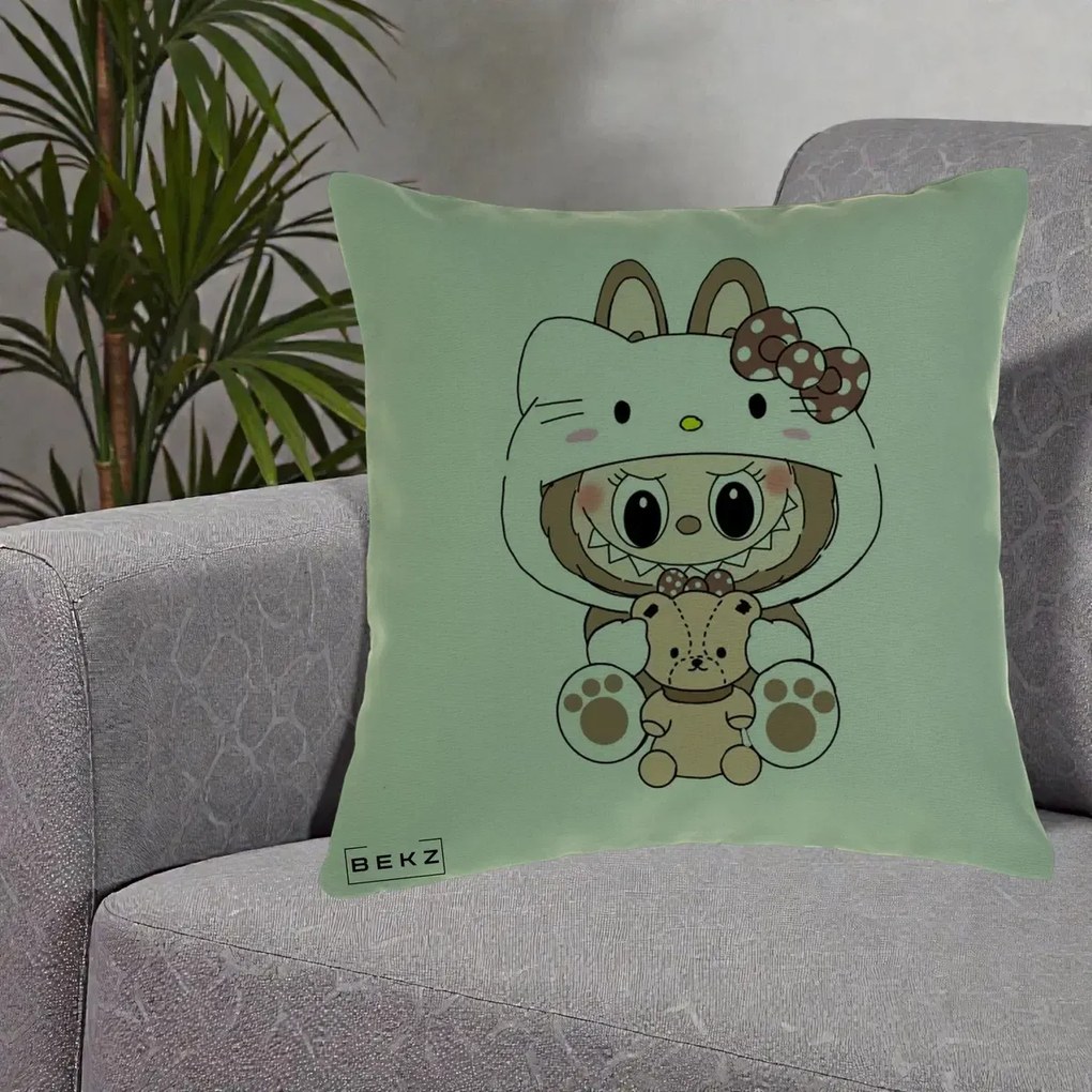 Perna personalizata Labubu x Hello Kitty Maro-Vintage, 40x40 cm cu Umplutura, Verde, BEKZ