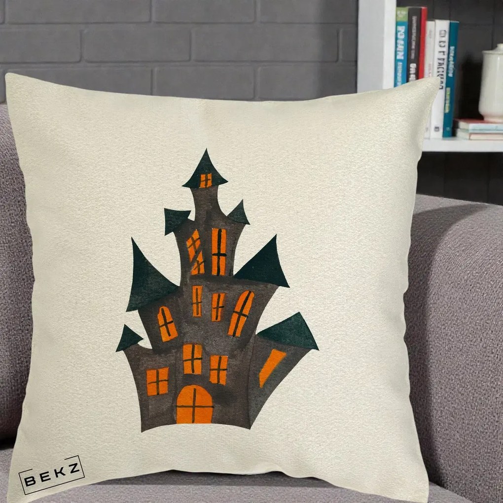 Perna Decorativa Halloween Casa Bantuita Minimalista, 40x40 cm, Ecru, Husa Detasabila, Perna Inclusa, BEKZ®