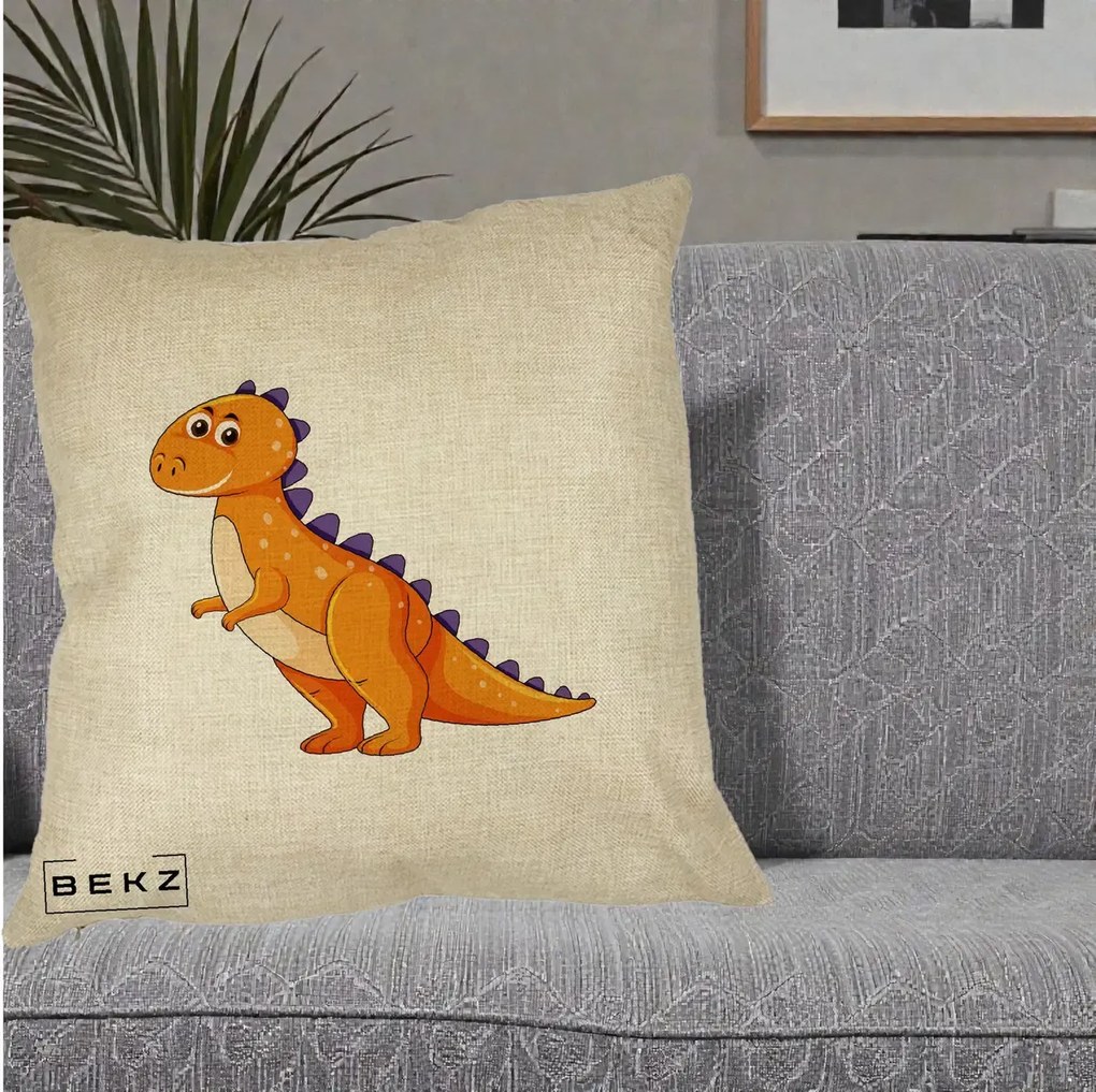 Perna Decorativa T-Rex Portocaliu, 40x40 cm, Crem, Husa Detasabila, Perna Inclusa, BEKZ®