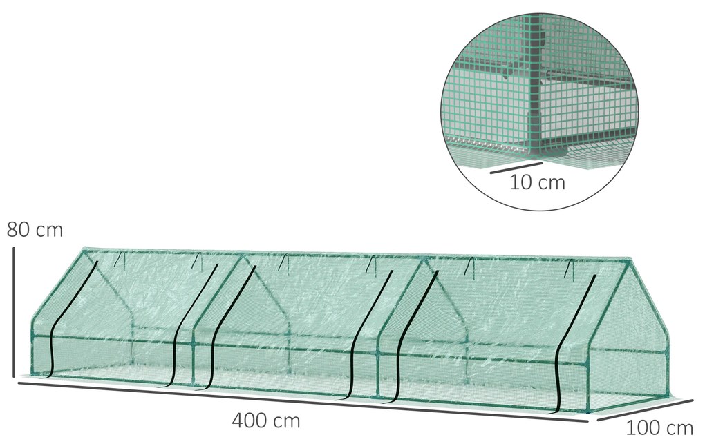 Outsunny Sera de gradina din Otel, sera pentru legume cu Invelis in Polietilen cu 3 Porti Verde 400x100x80cm | Aosom Romania