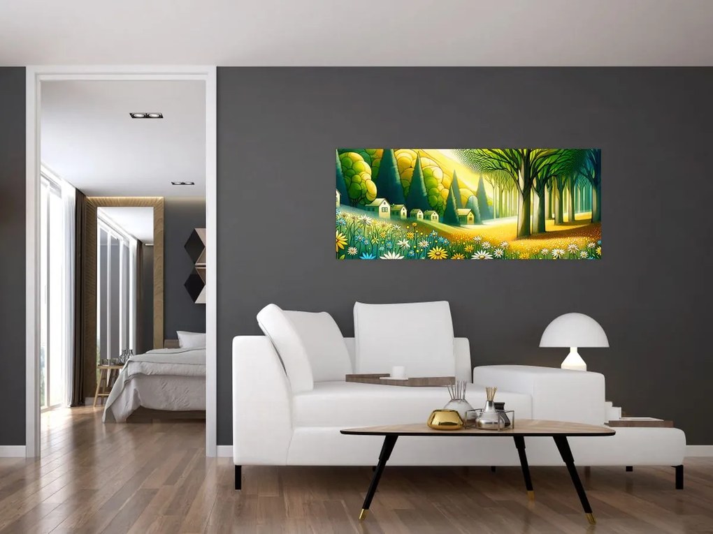 Tablou - Sat în galben-verde (120x50 cm)