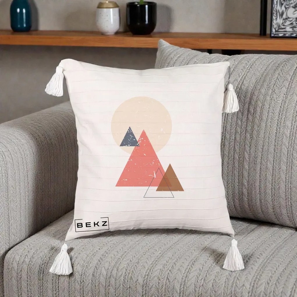Perna Decorativa Geometric Munti si Soare, 40x40 cm, Bej cu Franjuri, Husa Detasabila, Perna Inclusa, BEKZ®