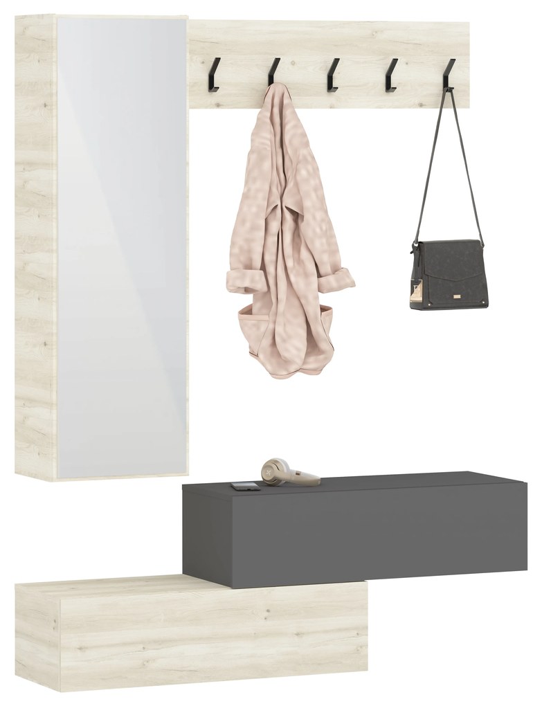 Cuier Diego, Stejar Alb/Antracit, 140 x 28 x 180 cm