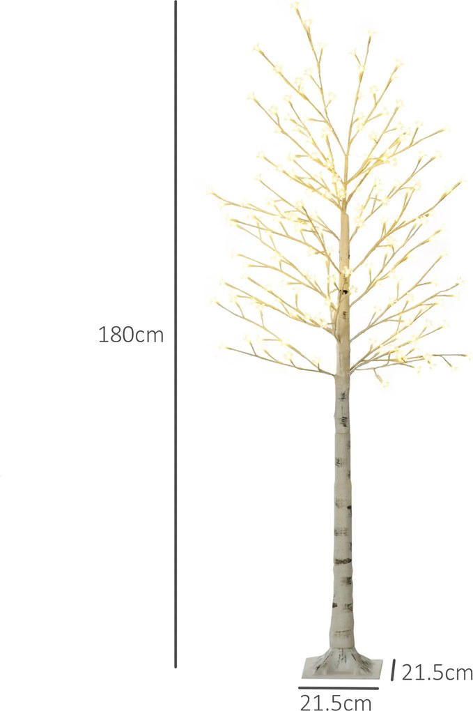 HOMCOM Brad de Mesteacăn cu 180 de Lumini LED Înălțime 180cm 3 Nivele de Luminozitate Alb | Aosom Romania