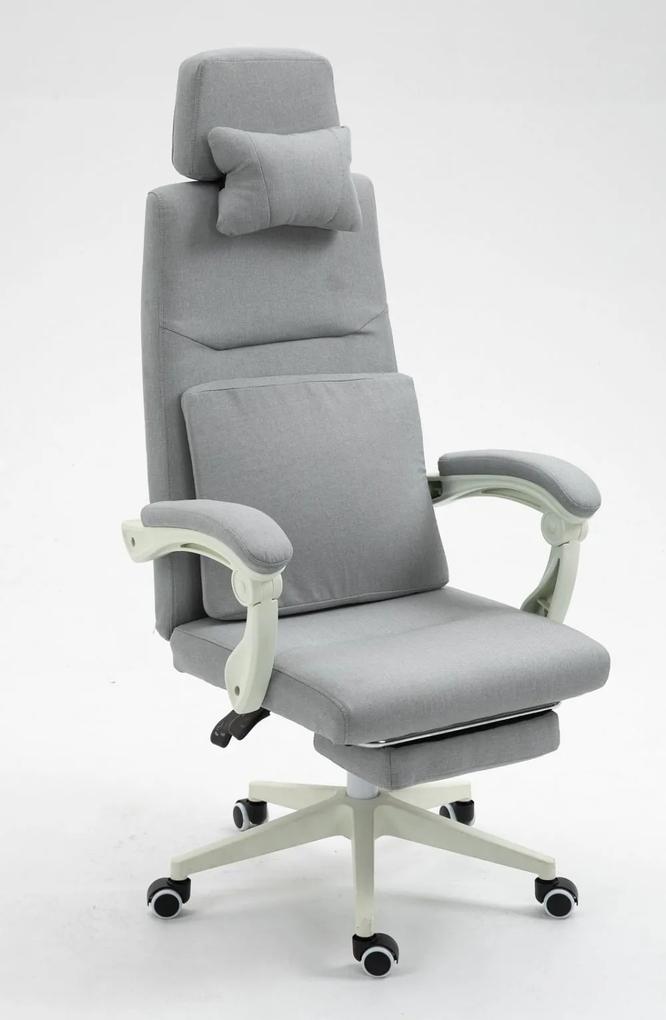 Scaun ergonomic de birou, suport picioare, perne lombara si cervicala detasabile, Material textil, Gri deschis