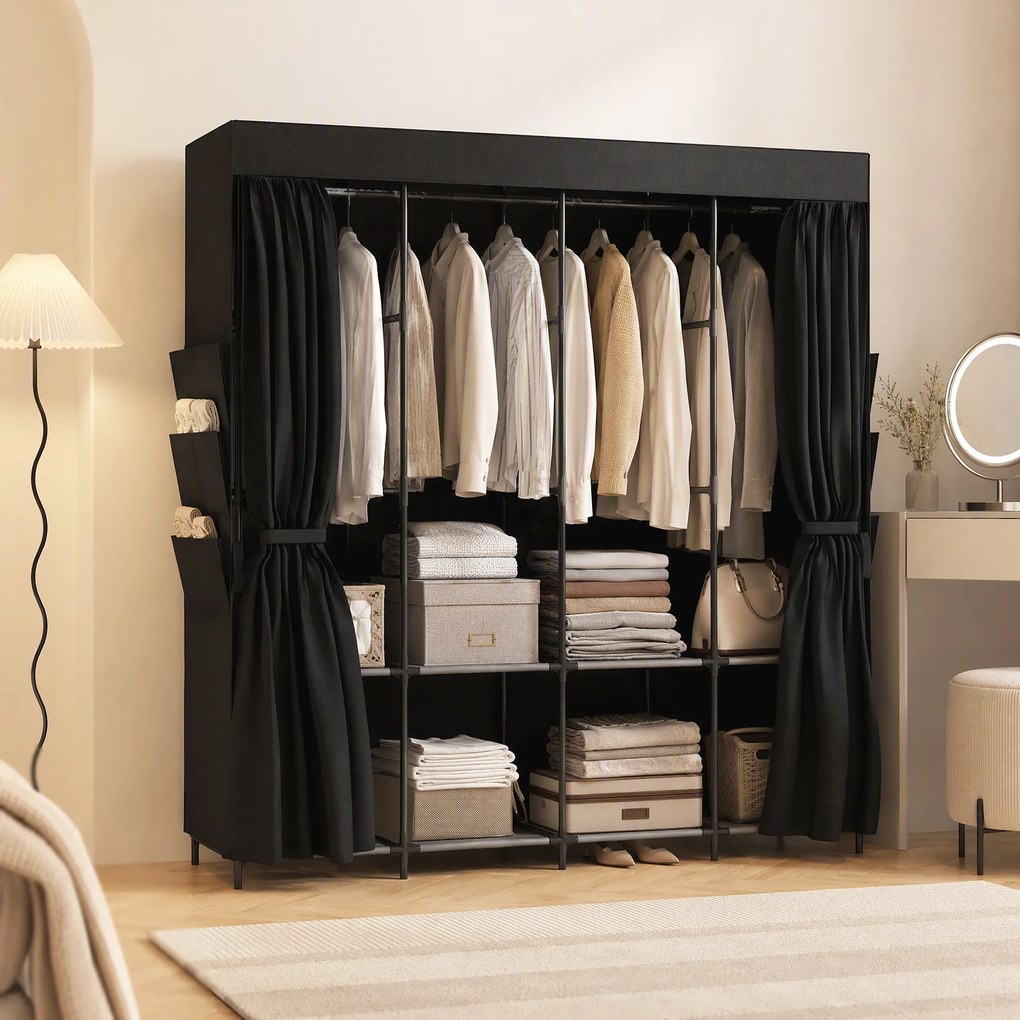HOMCOM Dulap Textil Compact cu 5 Bare, 4 Rafturi, 6 Buzunare Laterale, Uși Antipraf cu Fermoar, Negru | Aosom Romania