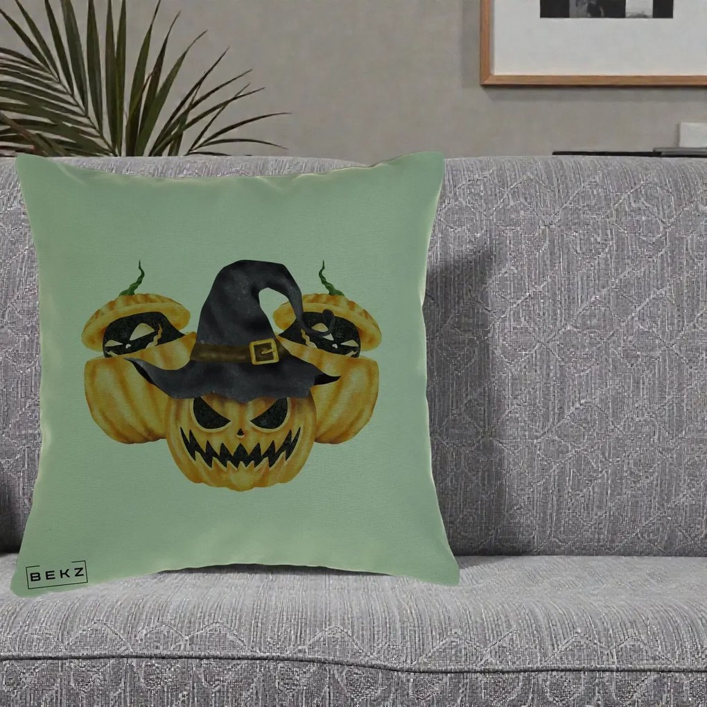 Perna Decorativa Trio Dovleci Jack-o-Lantern cu Palarie Vrajitoare, 40x40 cm, Verde, Husa Detasabila, Perna Inclusa, BEKZ®