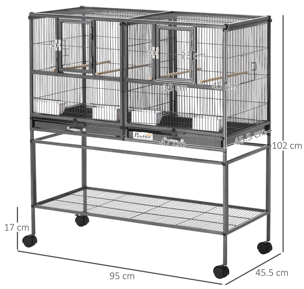 PawHut Colivie Dubla pentru Pasari din Metal cu Tavi Detasabile Suport cu 4 Roti si Raft,95x45.5x102cm, Neagra Gri | Aosom Romania