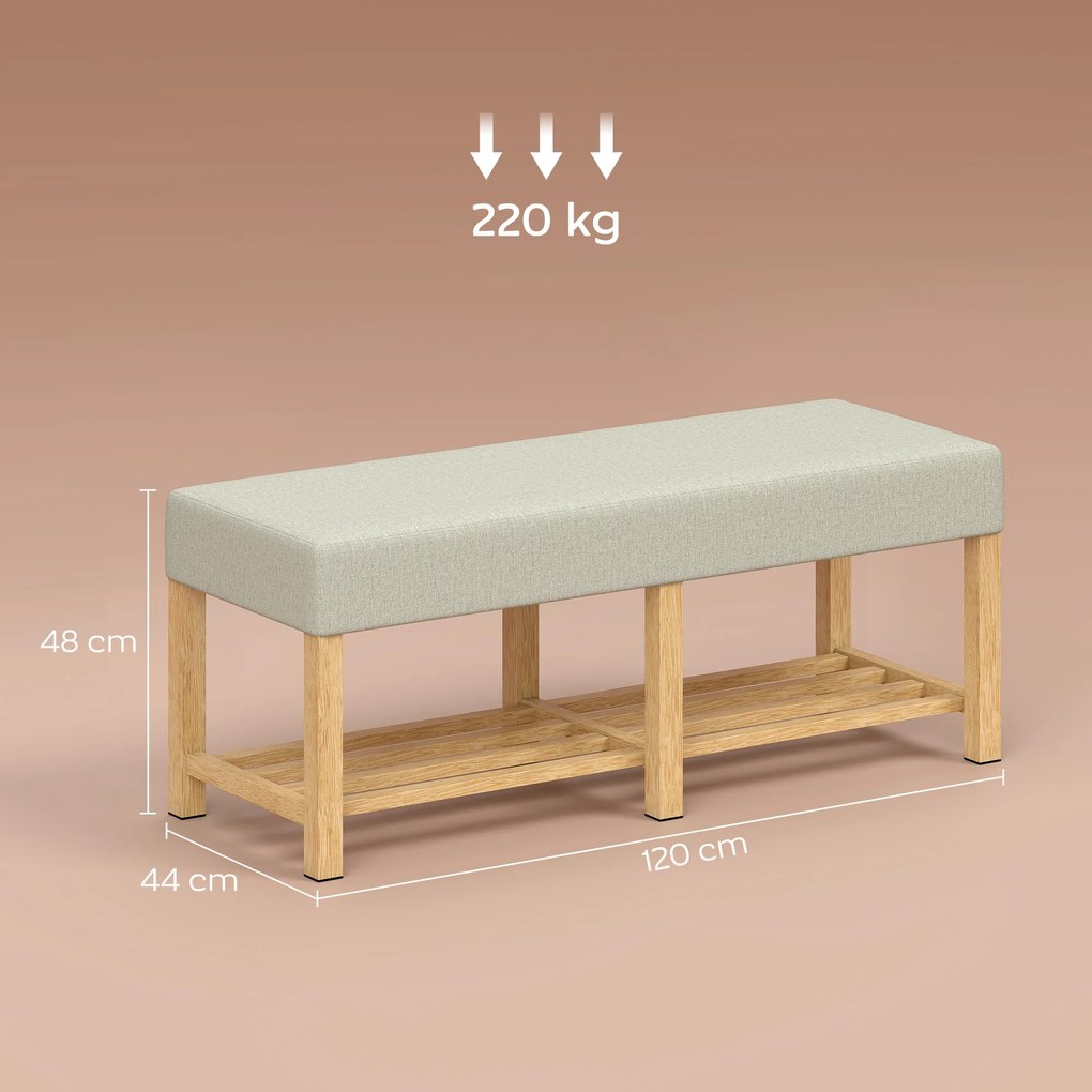 HOMCOM Banc pentru încălțăminte, banc de depozitare cu șezut capitonat, raft deschis, lemn de hevea, 120x44x48cm, lemn natural | Aosom Romania