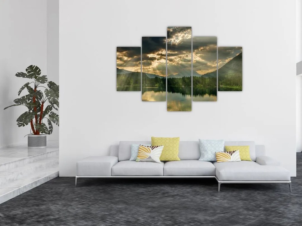 Tablou cu lac și soarele translucid (150x105 cm)