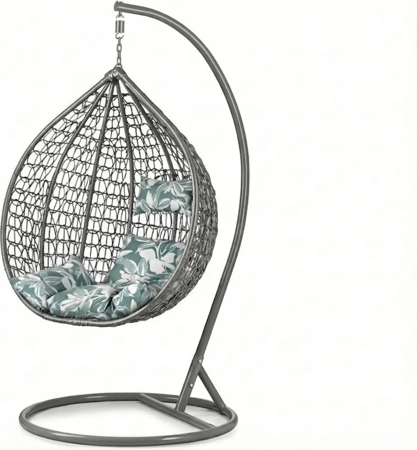 Scaun suspendat gri KOKON cu suport, perna verde-alb