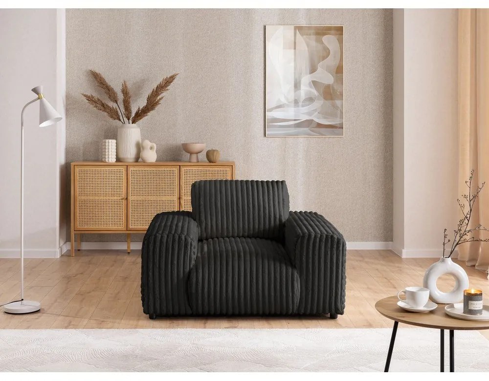 Fotoliu gri închis cu tapițerie din catifea reiată Justin – Ropez