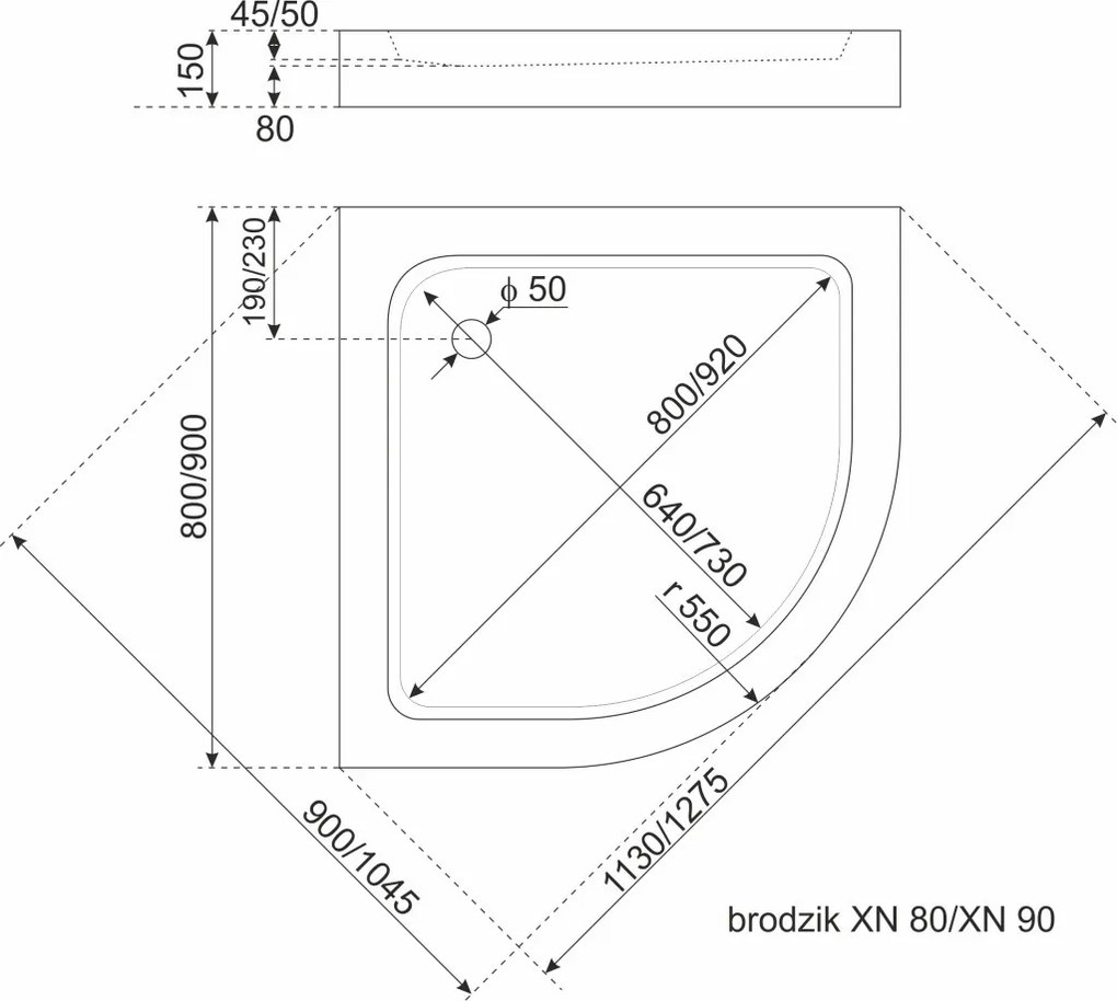 Cădiță de duș acrilică curbată XN 90 90x90 cm