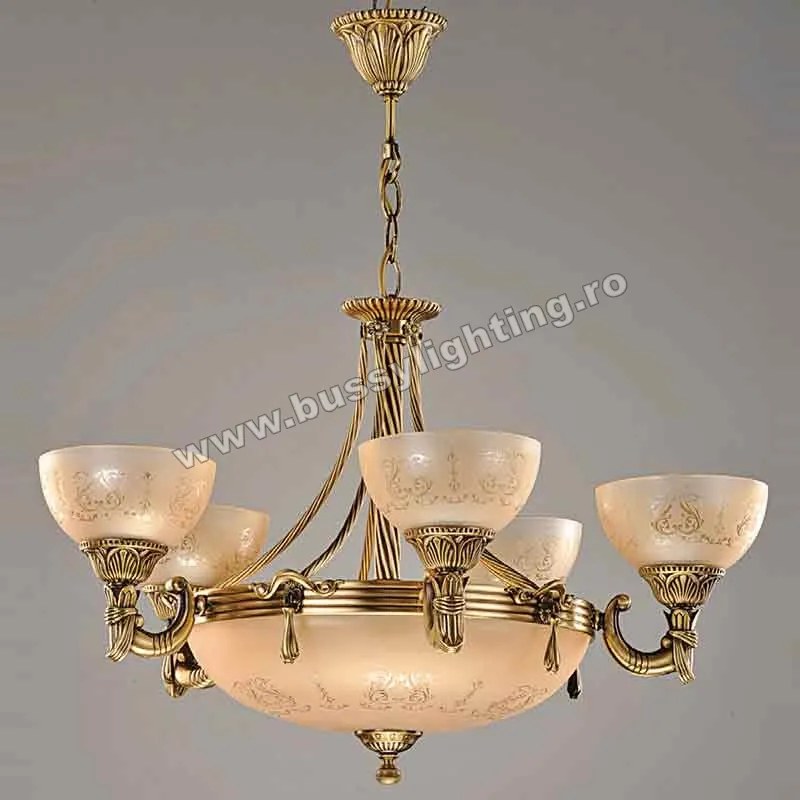 Lustra Armoni cu 5 Brate, Desing Clasic, Finisaj Bronz Antic, Abajur Crem - Bussy Lighting 3040-52-05A