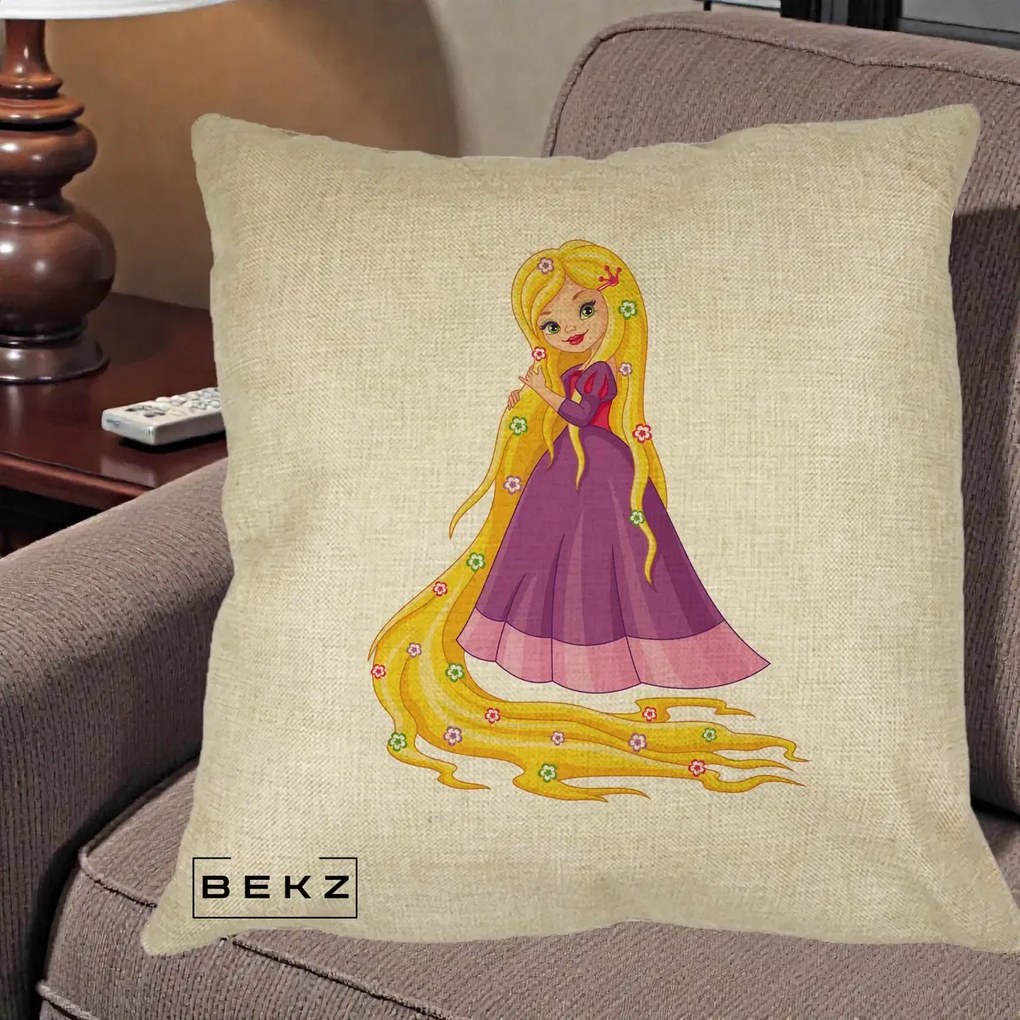 Perna Personalizata Rapunzel Par Lung Floral, 40x40 cm, Crem, Husa Detasabila, Perna Inclusa, BEKZ®