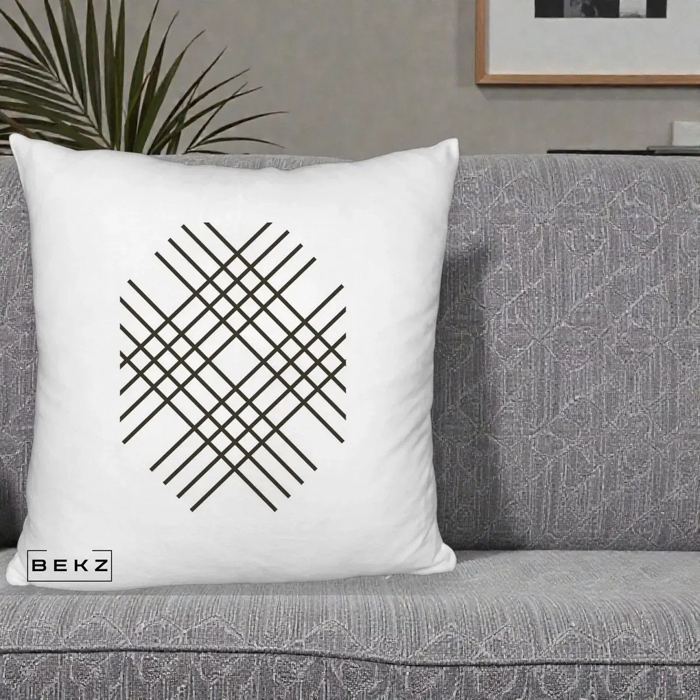 Perna Decorativa Geometric Grid, 40x40 cm, Alb Pufos, Husa Detasabila, Perna Inclusa, BEKZ®