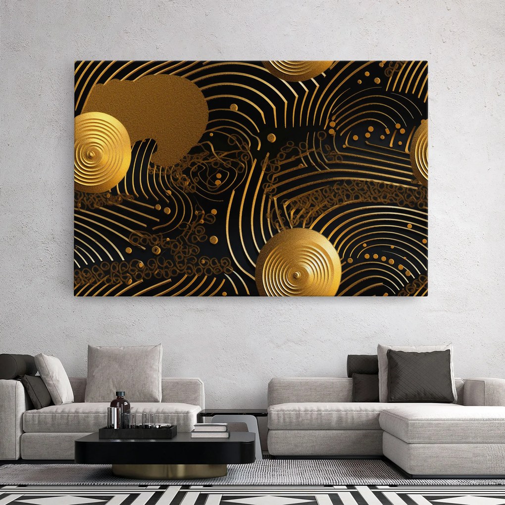 Tablou Canvas, 30x40cm, Dormitor si Living, Abstracte, Abstract cu linii, Gold Circle With Lines (2)