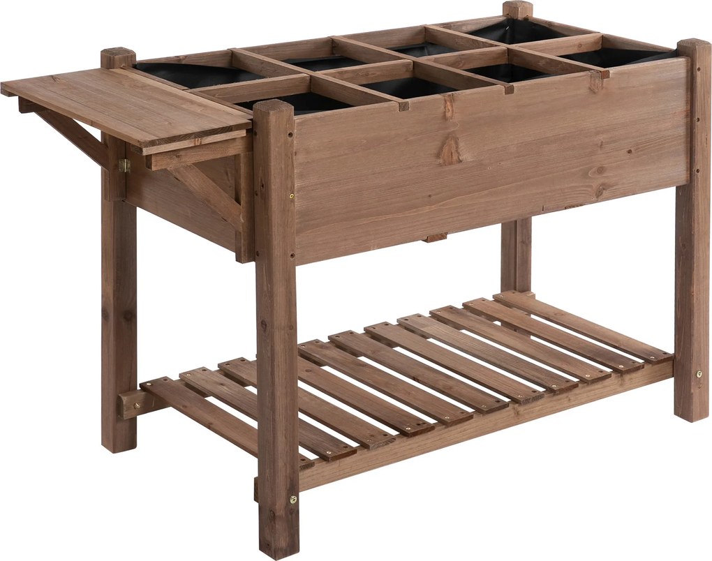 Outsunny Jardinieră Supraînălțată din Lemn | Grădinărit cu Raft Pliabil și Spațiu de Depozitare | 123x54x74 cm Maro | Aosom Romania