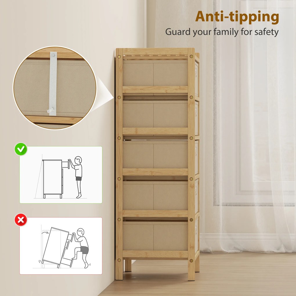 HOMCOM Comodă cu 5 sertare din material textil Cadru din bambus Comodă pentru spații mici Crem și natural | Aosom Romania