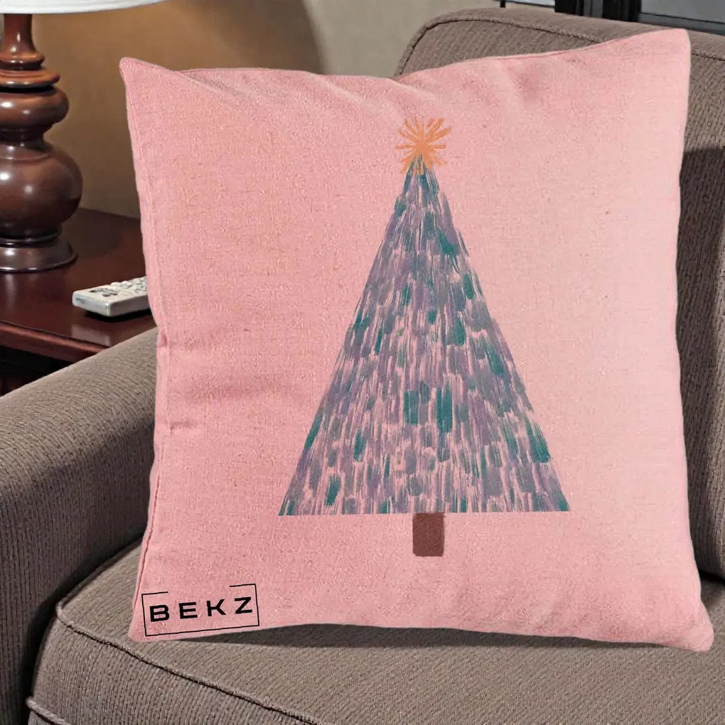 Perna Decorativa Brad de Craciun Acrilic Albastru, 40x40 cm, Roz, Husa Detasabila, Perna Inclusa, BEKZ®