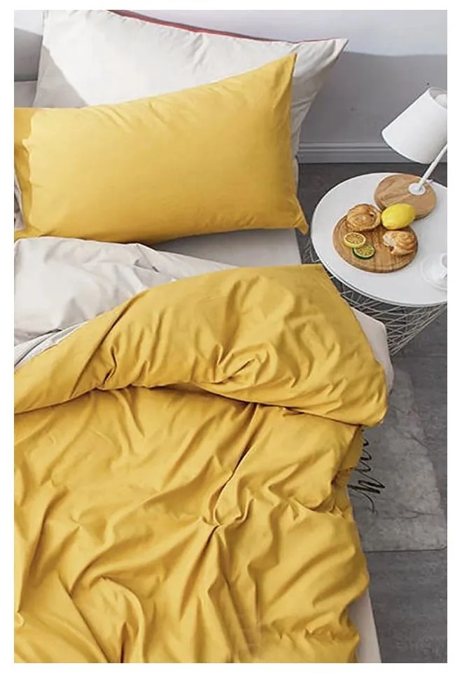 Lenjerie de pat galben-crem din bumbac pentru pat dublu-extins și cearceaf 200x220 cm – Mila Home