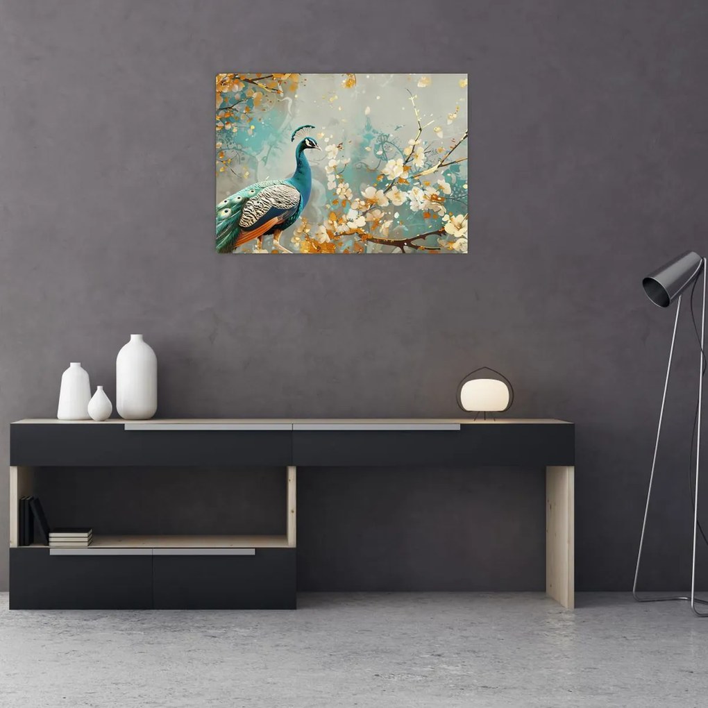 Tablou pe sticlă - Păun cu decor de aur (70x50 cm)