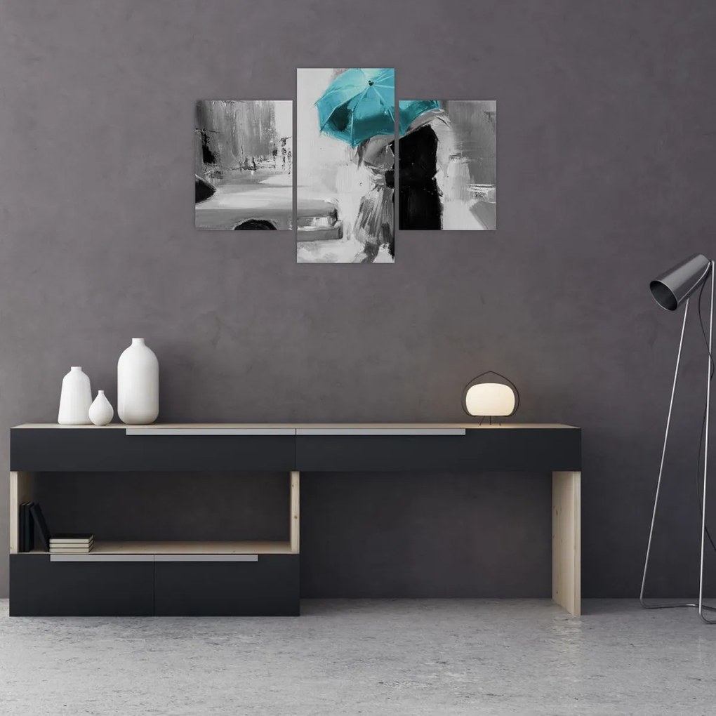 Tablou - Cuplu în dragoste cu umbrelă, albastru (90x60 cm)