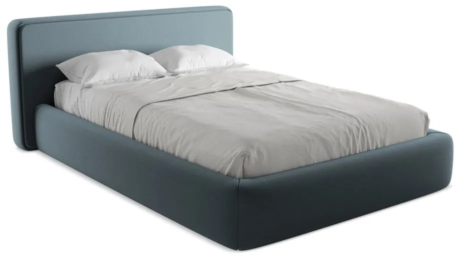 Pat matrimonial albastru tapițat cu spațiu de depozitare cu somieră 140x200 cm Kiana – Makamii