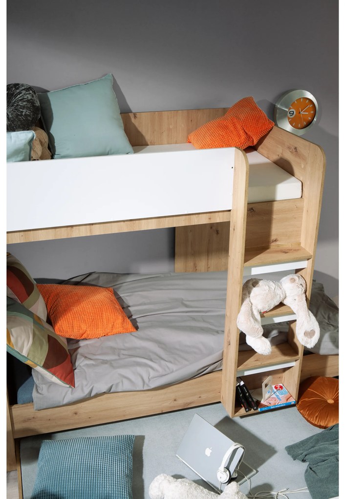 Pat pentru copii combinat 90 cm Sami 2 (Stejar artisan + alb mat + mânere negre). 1085815